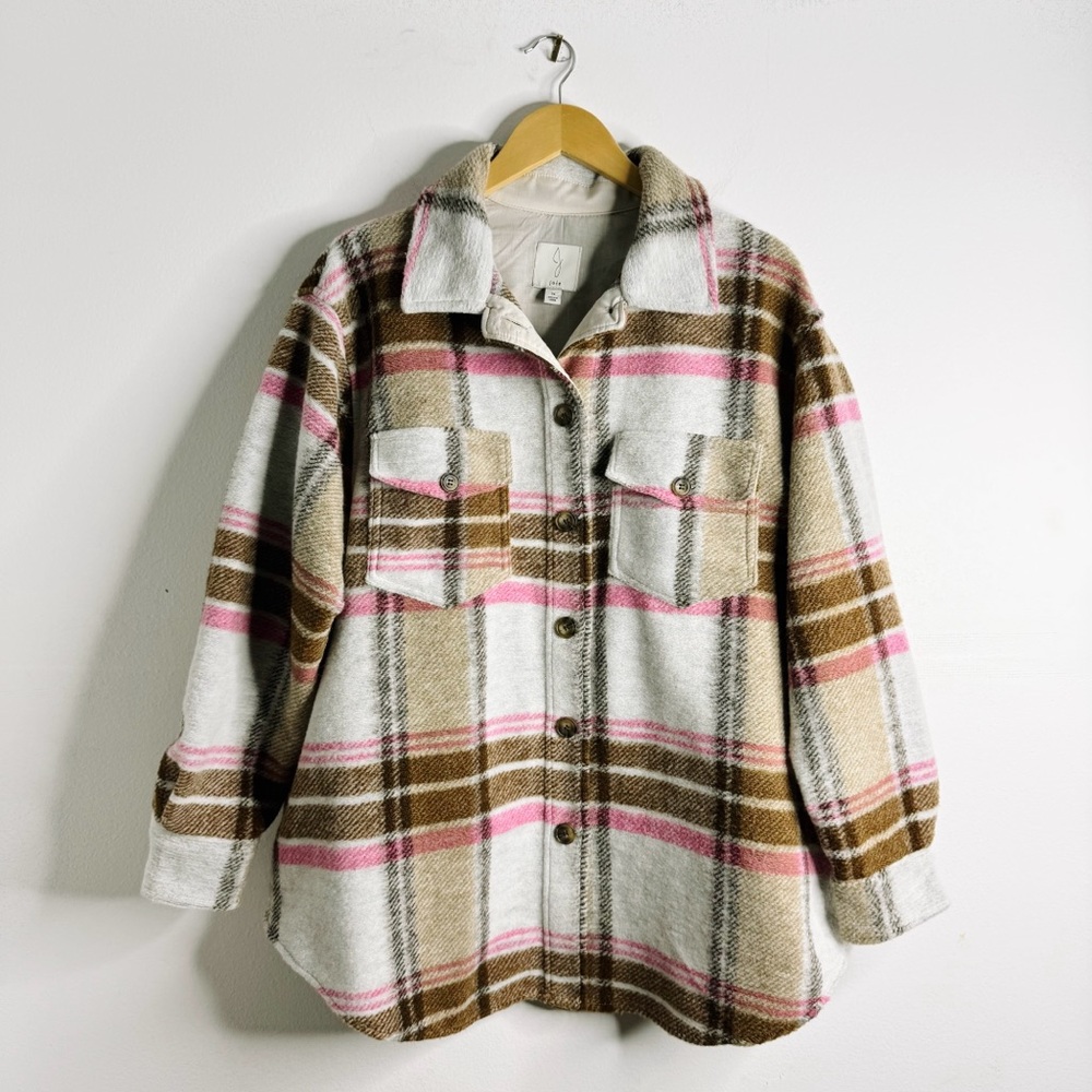 Joie Tan and Pink Plaid Flannel Shirt Jacket